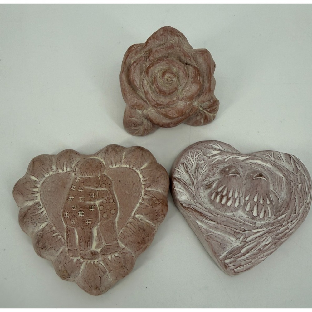 Isabel Bloom Red Dyed Concrete‎ Garden Art – Lot of 3  Rose, heart, hugs, birds